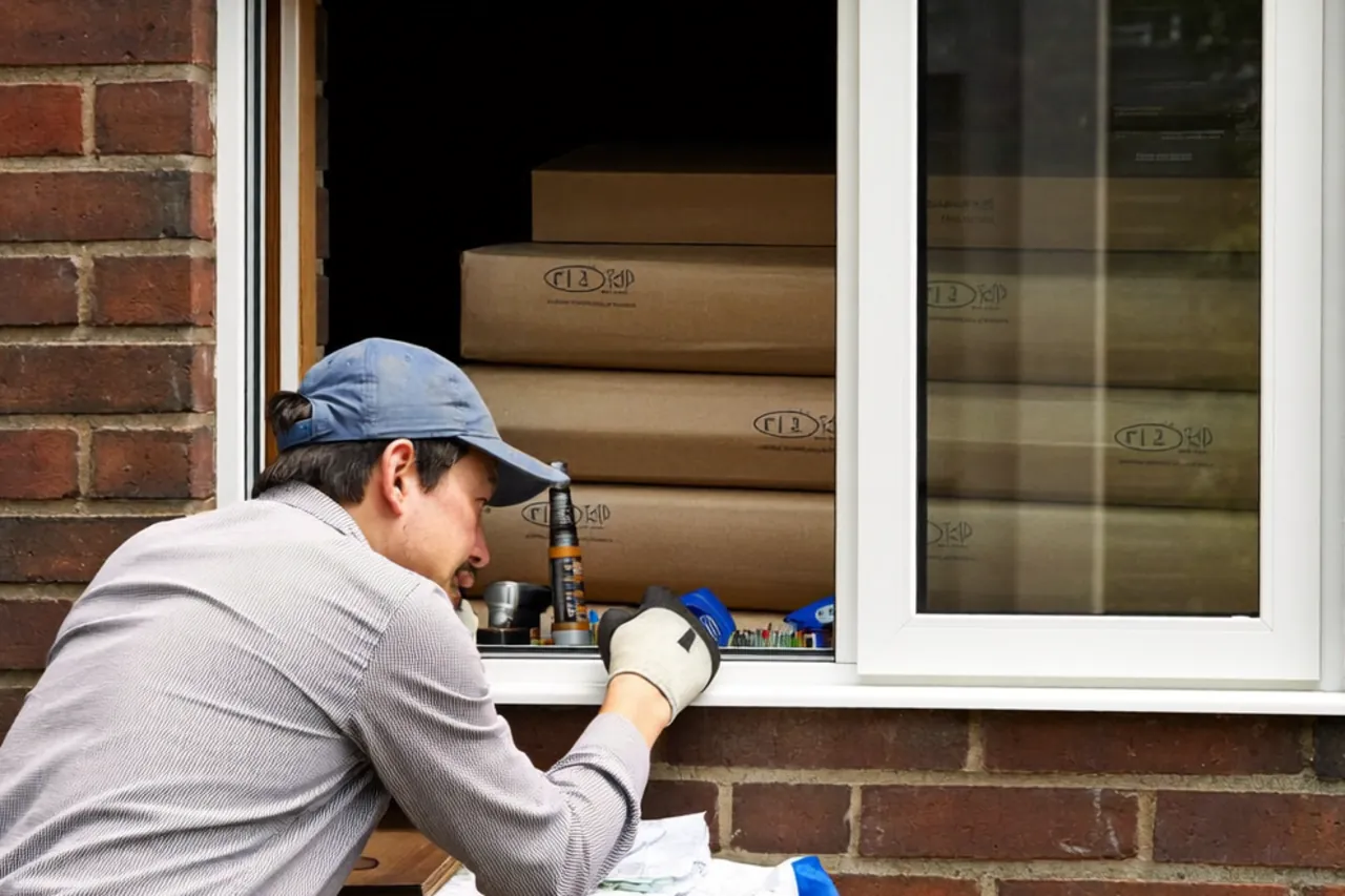 Fitter applying a bead of sealant around a new double-glazed unit