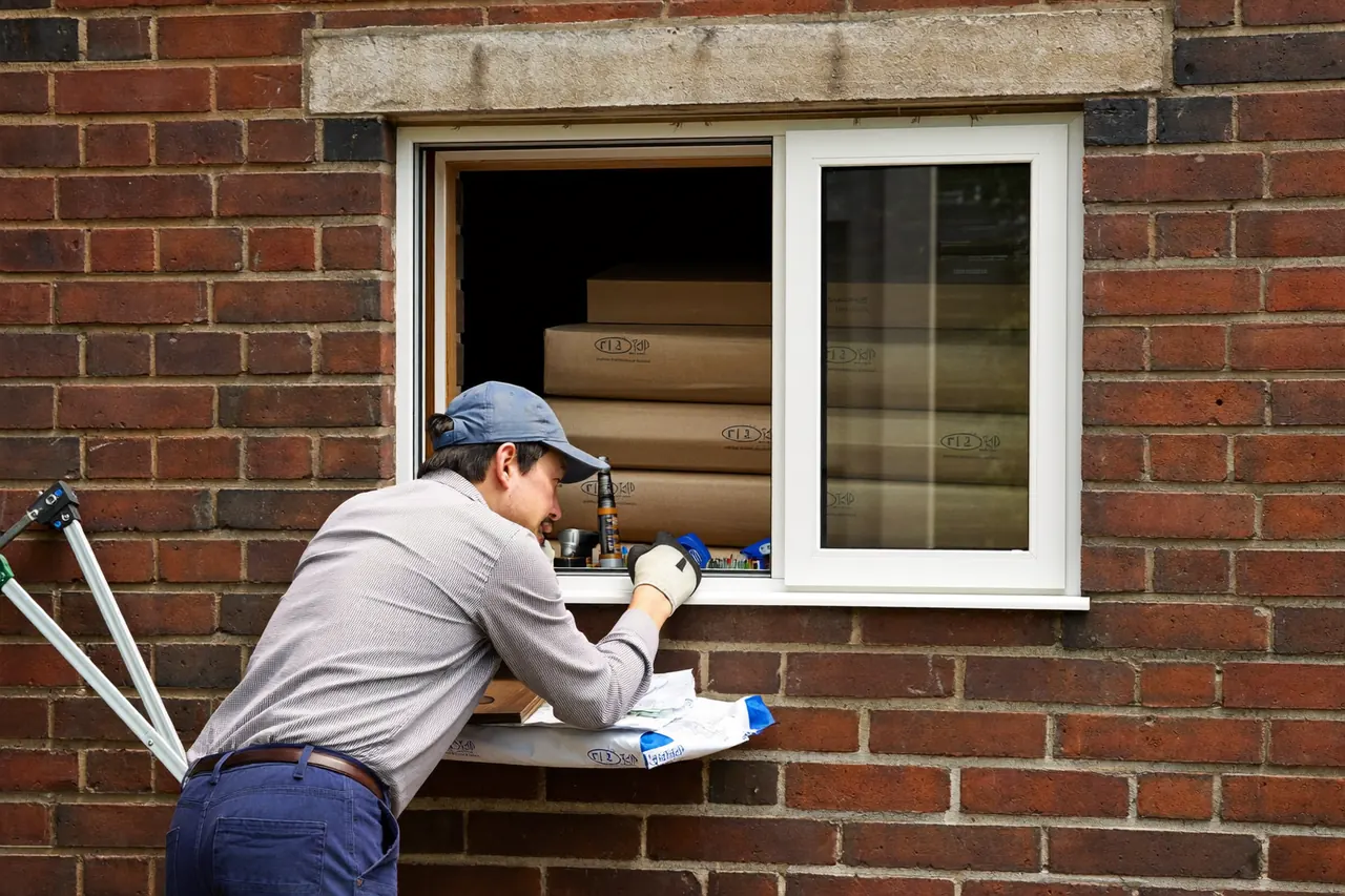 Installer setting a new white uPVC window into a prepared opening