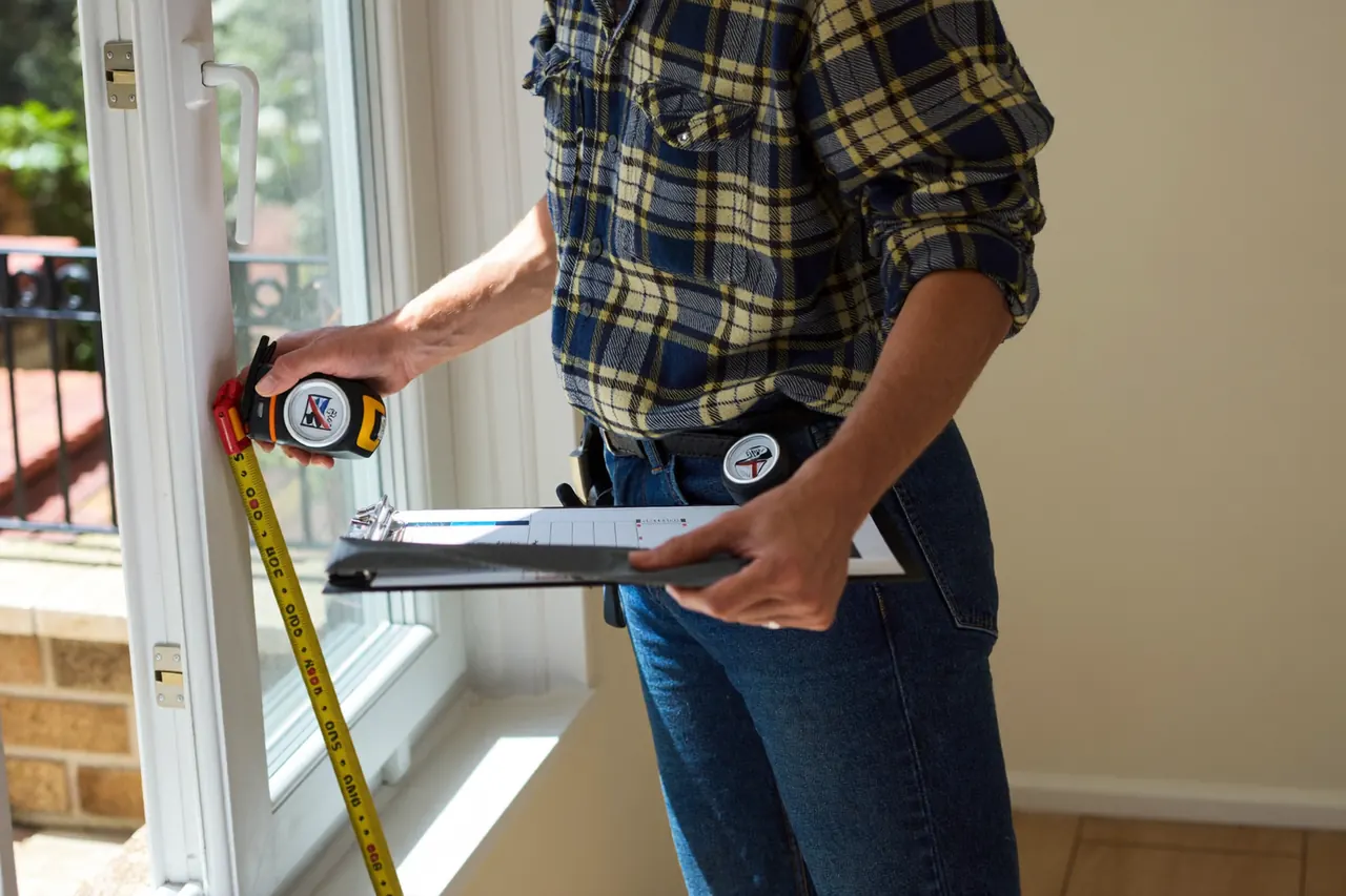 Surveyor measuring a window opening during a home assessment