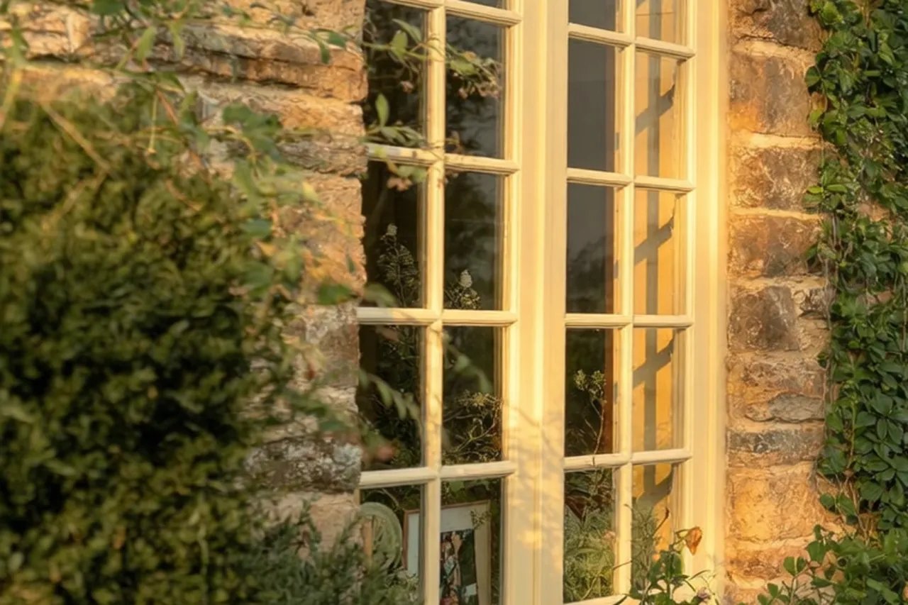 Detail of fresh putty and paint on a restored timber window