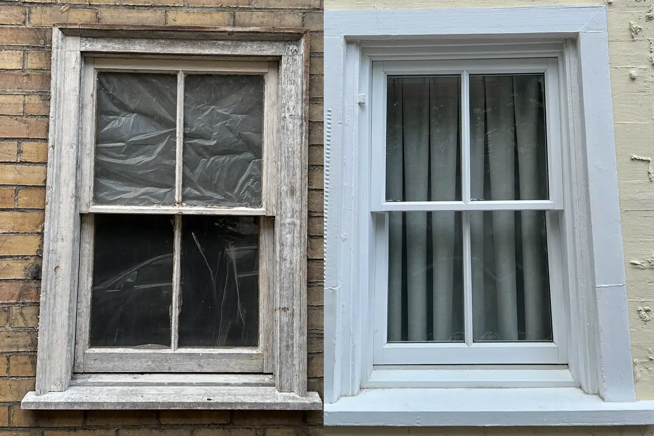 A weathered old window frame beside a crisp, newly fitted replacement